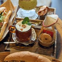 Bread Vegetarian, Bread Grill Beef BBQ Vegetarian, Coconut Coffee, Avocado and Coconut Smoothie at An Bread & Cafe in Hanoi