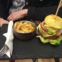 A beyond Beyond Burger with fries. at Savannah Snack Bar in Belgrade