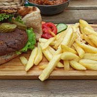 Egyptian vegan Burger with fries at Plantbased Egyptian Eatery in Istanbul