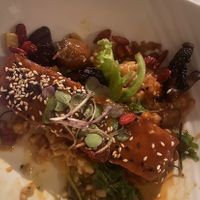 Teriyaki Tempeh with risotto (half-eaten)  at Emeralds at Anse Chastanet Resort in Soufriere