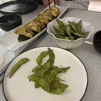 Fried gyoza and edamame   at Mame Ostrichina in Naples