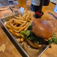 Black beans burger and fries at Rare Bird Brewpub in Traverse City