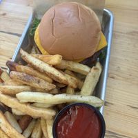Vegan burger plated  at Rare Bird Brewpub in Traverse City