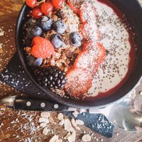 Breakfast: soy yoghurt with fresh fruit, homade granola and raspberry sauce. This was delicious. at Marcel in Sint-niklaas
