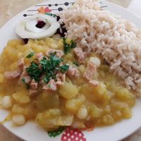 Menue for 5,50 soles. Sopa moron con verduras and main dish guiso de zapallo italiano at Restaurante Vegetariano Valle del Pillco in Huanuco