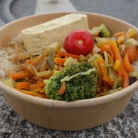 Vegan rice stew "Asia Style" with tofu and carrots, served with Asian vegetable sauce  at Mensa Tarforst in Trier