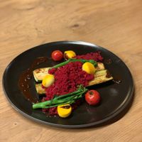 the vegan meal:

Beetroot Couscous with zucchini and wild broccoli at Die Säge in Niedereschach