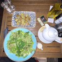 Green mix salad, Flavoured (roast) potatoes, and black tea, with Soy milk!  at FitBar Point in Sarajevo