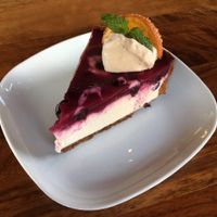 Blueberry lemon curd cheesecake with a pecan crust. at Encuentro in Oakland