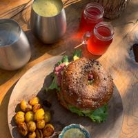 Beetroot burger, potatoes and shots at Liefs in Tulum
