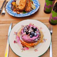 Pancakes and salad. And great kombucha. at Farm2Table - Davidshall in Malmo
