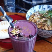 Shitake ginger soup, winter blues smoothie and a snickers ball. at Farm2Table - Davidshall in Malmo