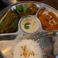 Vegan Thali: Rice, Raita, Palak Tofu, Daal, Tikka Massala with soy meat!  at Masala Masala - Sveavägen in Stockholm