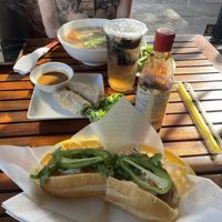 Vegan ham banh mi, tofu fresh rolls, vegan pho, and basil seed with grass jelly drink  at Thuy Cafe in St Petersburg