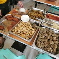 Fried eggplant, tofu, spaghetti, tofu balls at Heavenly Grace Vegetarian Restaurant in Manila
