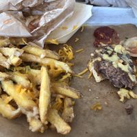 The awful “garlic fries” were just a mess of grease and the burger fell into pieces in my hands.   at Surf Shack in Malmo