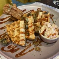 Vegan chicken and waffles with crispy jalapeño   at Evviva in Toronto