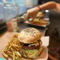 Jackfruit Burger with fries  at La Cordobesita in Tulum