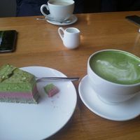 Avocado cake and matcha latte at Koktem in Astana