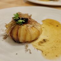 Potato cake with confit mushrooms inside   at Racines Bruno Cirino in Nice