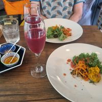 Appetizer for the curry. Made from kale, pumkin, and carrot with extra spices on the side. Plus  beetroot juice. at Seneca in Wakayama