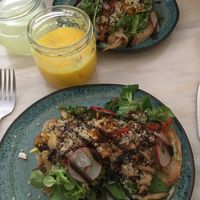 Mushroom toast with fresh juice at Do Largo in Evora
