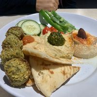 The hummus trio add falafel. (Everything is vegan except the pesto on the hummus) at Zoës Kitchen in Mount Pleasant
