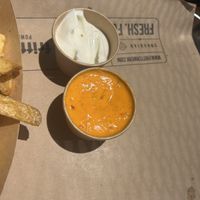 Vegan mayo and chilli-paprika dip (not spicy)  at Frittenwerk - Hbf Düsseldorf in Dusseldorf