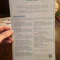 Breakfast vegan menu   at Dishoom in East London