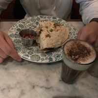 v sausage breakfast naan and chocolate chai   at Dishoom in East London