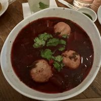 Iraqi vegetable kubeh with selek (beets) broth   at Kubeh in New York City