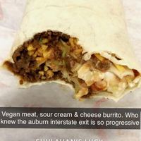 Vegan burrito with vegan cheese, vegan sour cream & TVP at Encounters in Divernon