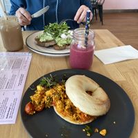 Vegan Tofu Scramble Bagel & Vegan Pink Summer Smoothie 👍🏻 at Revival Cafe in Blakeview