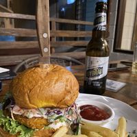 Vegan burger + vegan alcohol free beer  at Albedrío in Tegucigalpa