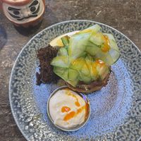 Zucchini hotcakes with vegan sour cream and beetroot relish  at Monk Bodhi Dharma in Balaclava