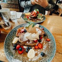 Vegan pancakes and hungry jimbo!  at Monk Bodhi Dharma in Balaclava