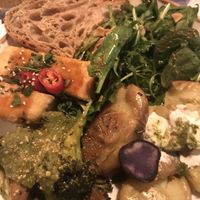 tofu with miso sauce + potatoes with vegan sauce + roasted broccoli & salad  at Honest Greens in Lisbon