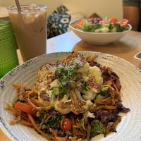 Stir fry with cauliflower steak and oat milk chai  at Good Kitchen and Market in Marietta