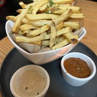 Fries with vegan dipping sauces   at BROT in Guerneville