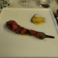 The yellow souce is made of yellow tomatoes at Libra in Bologna