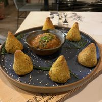 Coxinha filled with jaca (jackfruit)  at Carrito Organic in Sao Paulo