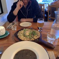 Mushroom chowder and flatbread with hummus  at The Views Vegetarian Restaurant in Kaiteriteri