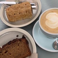 Vegan sausage roll, banana bread and oat milk latte  at Steam Yard in Sheffield
