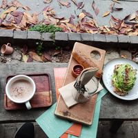 Oesterzwammen op spelt desem brood, vegan worstenbroodje, avocado toast. Warme chocolade melk en limonade. at Jungle Café & Catering in Eindhoven