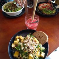 Daily special (noodle salad with fennel, almond & sticky orange tofu), green sesame salad bowl + sweet & hearty toast at Jungle Café & Catering in Eindhoven