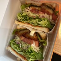 Vegan spicy chicken sandwich - I have a very low spice tolerance and didn’t find this spicy at all!  at &sandwich in Tokyo