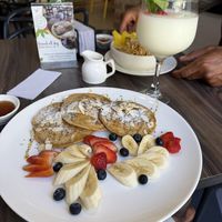 Oatmeal pancakes
with honey, jam, seasonal fruits, chia.  at Cafe Central Traveler's Coffee in Cartagena