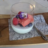 Coconut pandan panacotta with watermelon sorbet at Madame Hanoi in Adelaide
