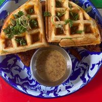 Chicken and Waffle sandwich. I like it with the regular maple syrup (extra charge) #Veganuary at Oh My Soul in Charlotte