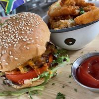 Hippie chick burger with onion rings  at Oh My Soul in Charlotte
